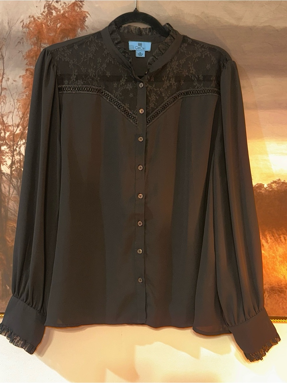 Cece Long Sleeve Lace-Yoke Black Button Down Blouse XL
